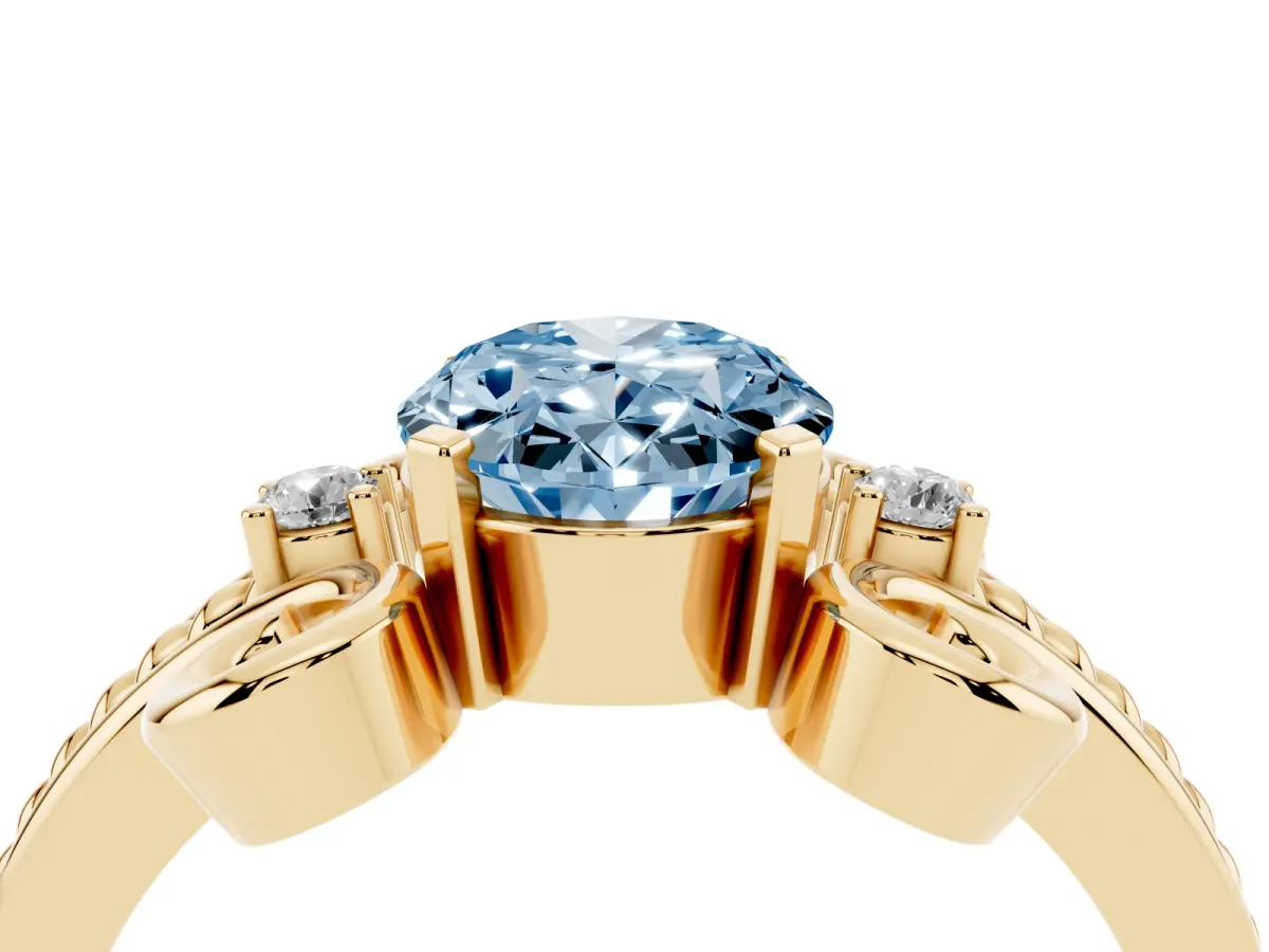 Fancy Blue Oval Cut Solitaire Twisted Band Scroll Prong Ring Yellow gold