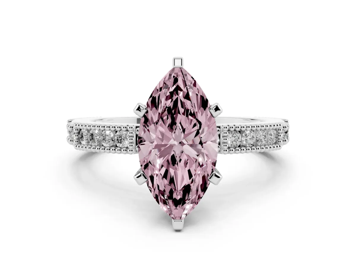 Fancy Pink Marquise Cut Solitaire with Pavé Band and Four-Prong Setting Silver