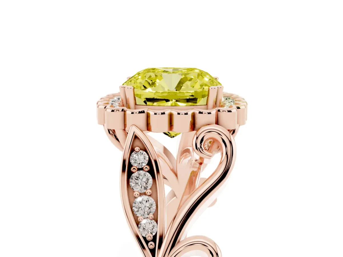 Fancy Yellow Cushion Cut Diamond Halo Ring with Vintage Split Shank and Four-Prong Setting Rose gold