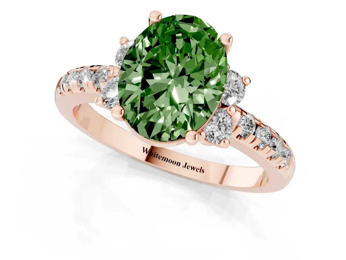 Fancy Green Oval Cut Diamond Three-Stone Pave Band with Four-Prong Setting Rose gold