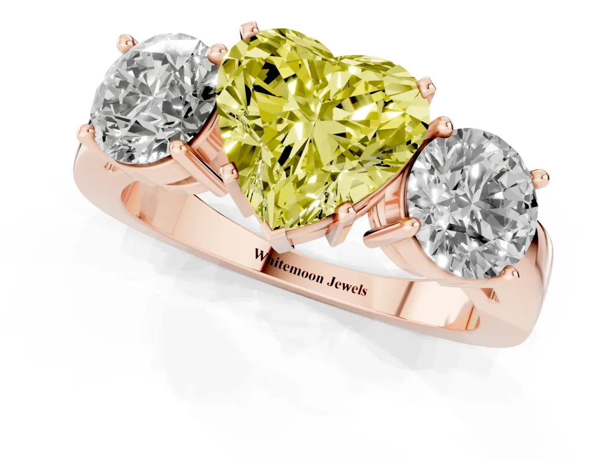 Fancy Yellow Three-Stone Heart Cut Diamond Ring with Round Side Stones, Classic Band, and Four-Prong Setting Rose gold