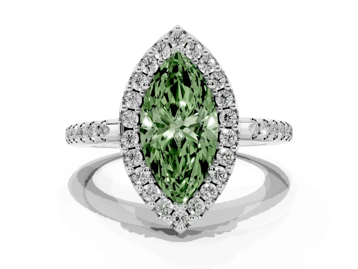 Fancy Green Marquise Cut Diamond Pavé Halo Ring with Four-Prong Setting Silver