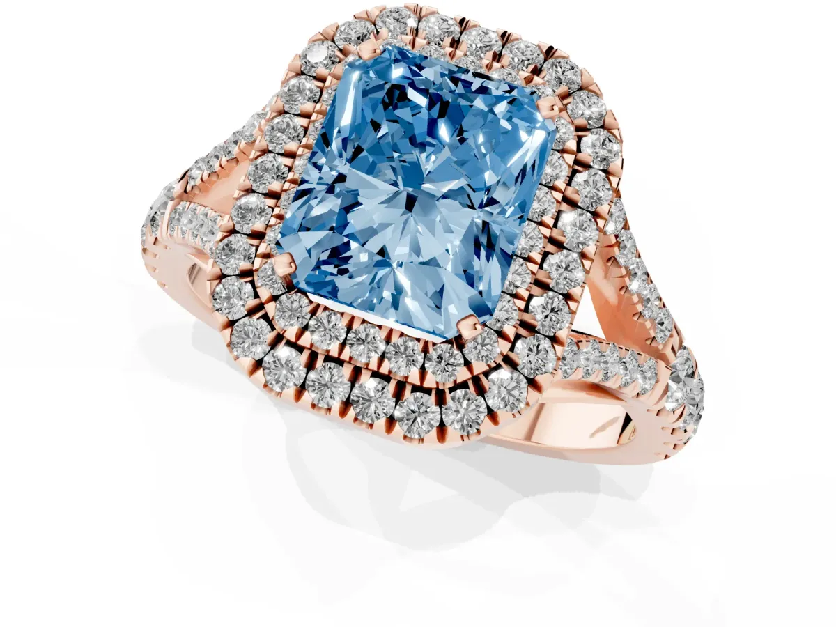 Fancy Blue Radiant Cut Diamond Double Halo Ring with Split Shank and Prong Setting Rose gold