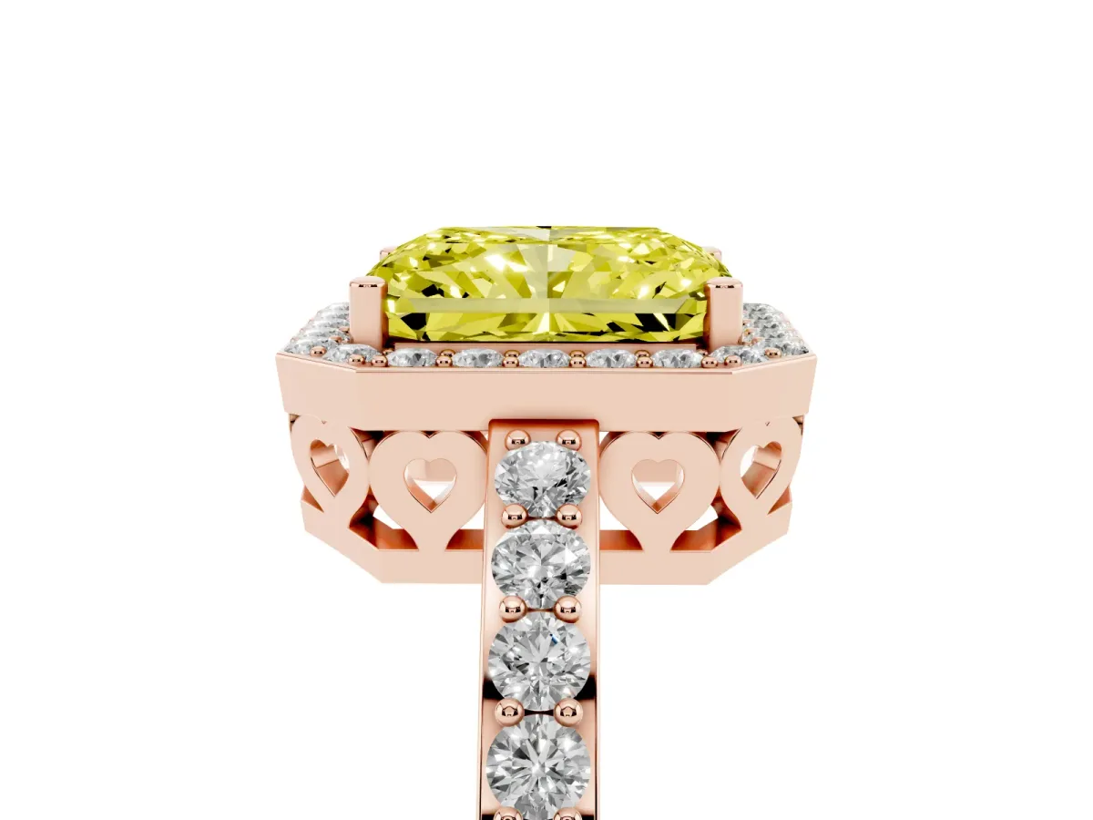 Fancy Yellow Radiant Cut Halo Diamond Pavé Band Ring with Prong Setting Rose gold