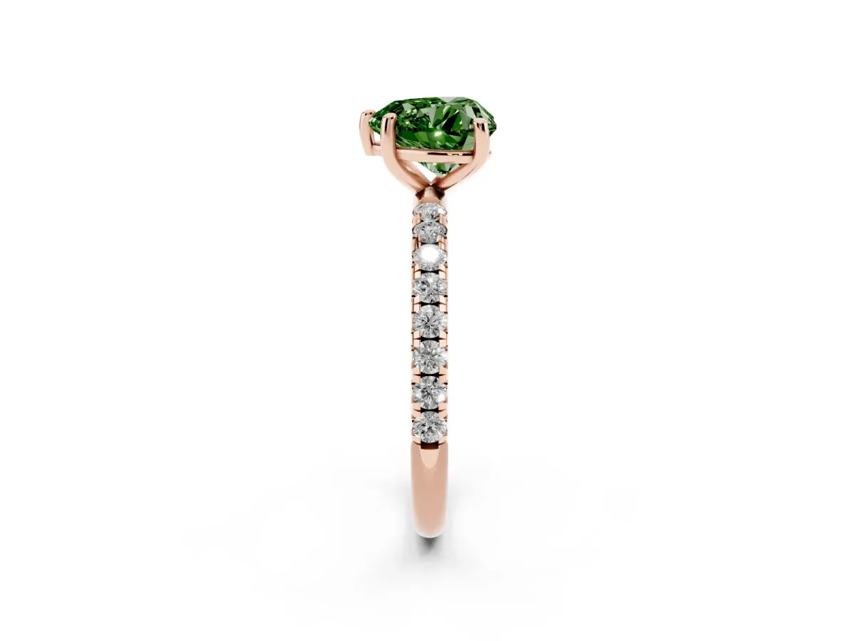Fancy Green Heart Cut Cut Diamond Solitaire Ring with Micro Pave Band and Four Prong Setting Rose gold