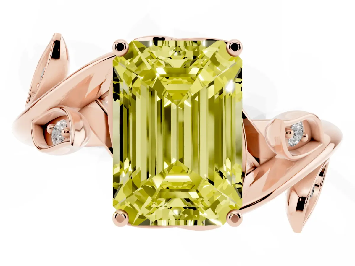 Fancy Yellow Emerald Cut Solitaire Twist Engagement Ring with Leaf Accents and Prong Setting Rose gold