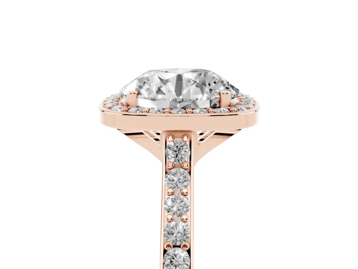 Round Cut Diamond Halo Engagement Ring with Round Pavé Shoulders and Prong Setting Rose gold