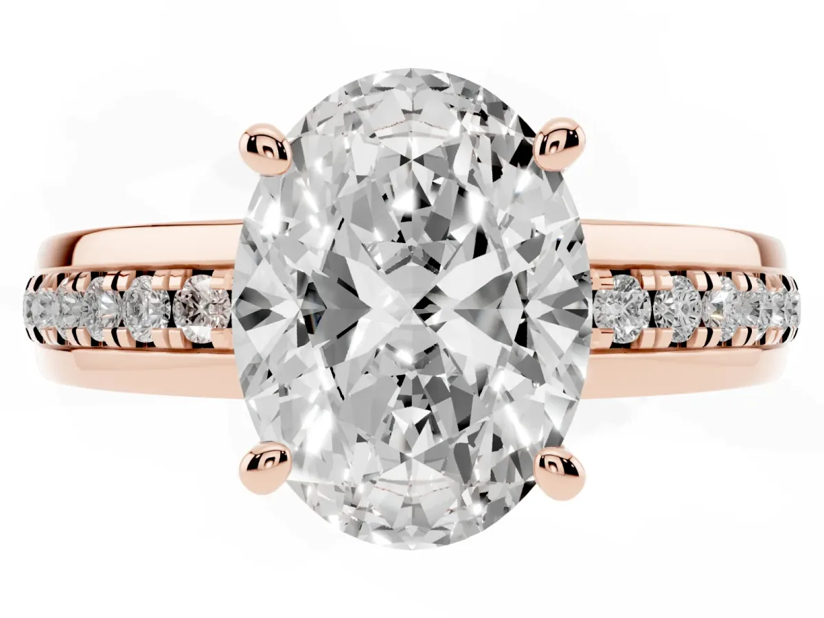 Oval Cut Solitaire Diamond Ring with Channel Set Band and Six-Prong Setting Rose gold