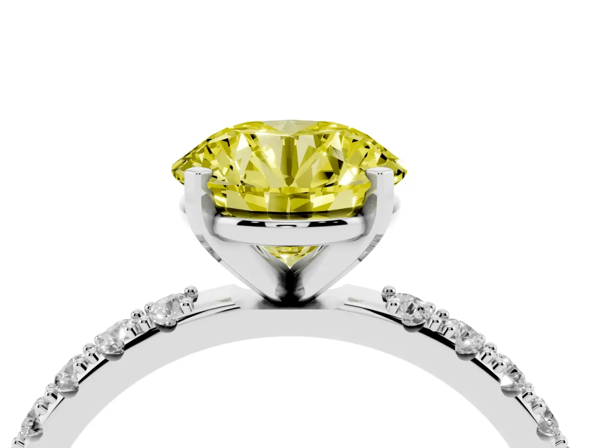Fancy Yellow Round Cut Diamond Solitaire Pavé Band with Four-Prong Setting Silver