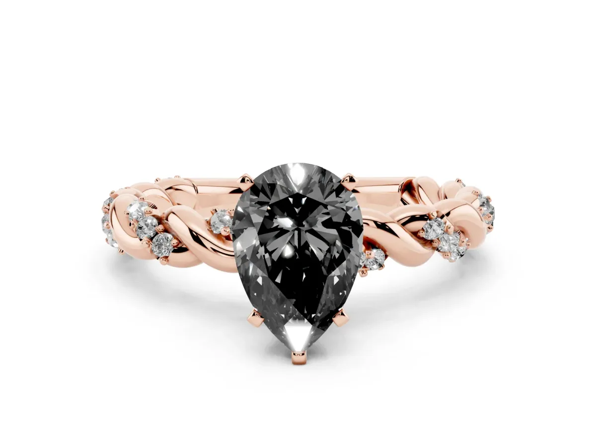 Fancy Black Pear Cut Diamond Solitaire Ring with Twisted Band and Pavé Accents Rose gold