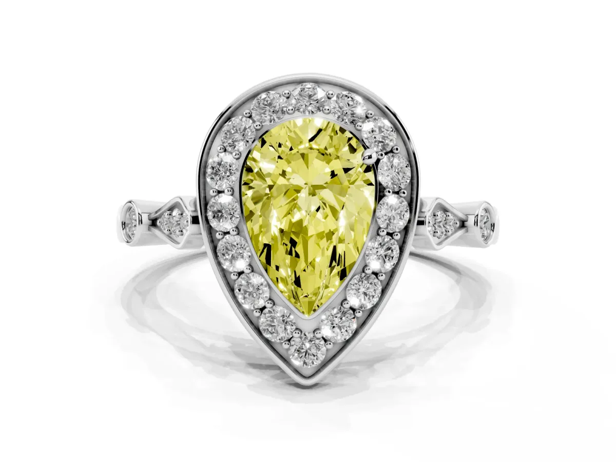 Fancy Yellow Pear Cut Halo Diamond Engagement Ring with Twisted Band and Four-Prong Setting Platinum