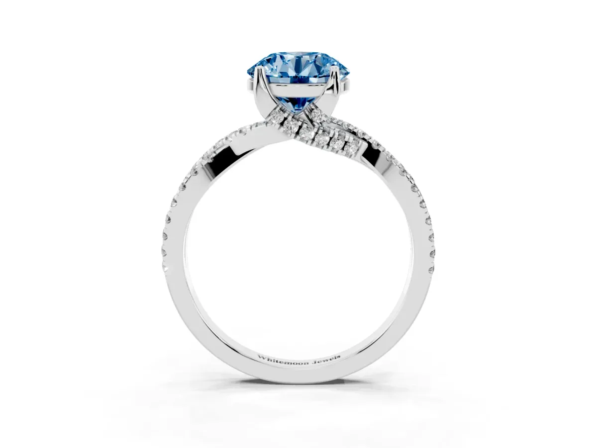 Fancy Blue Round Cut Solitaire Twist Pave Diamond Engagement Ring with Prong Setting Silver