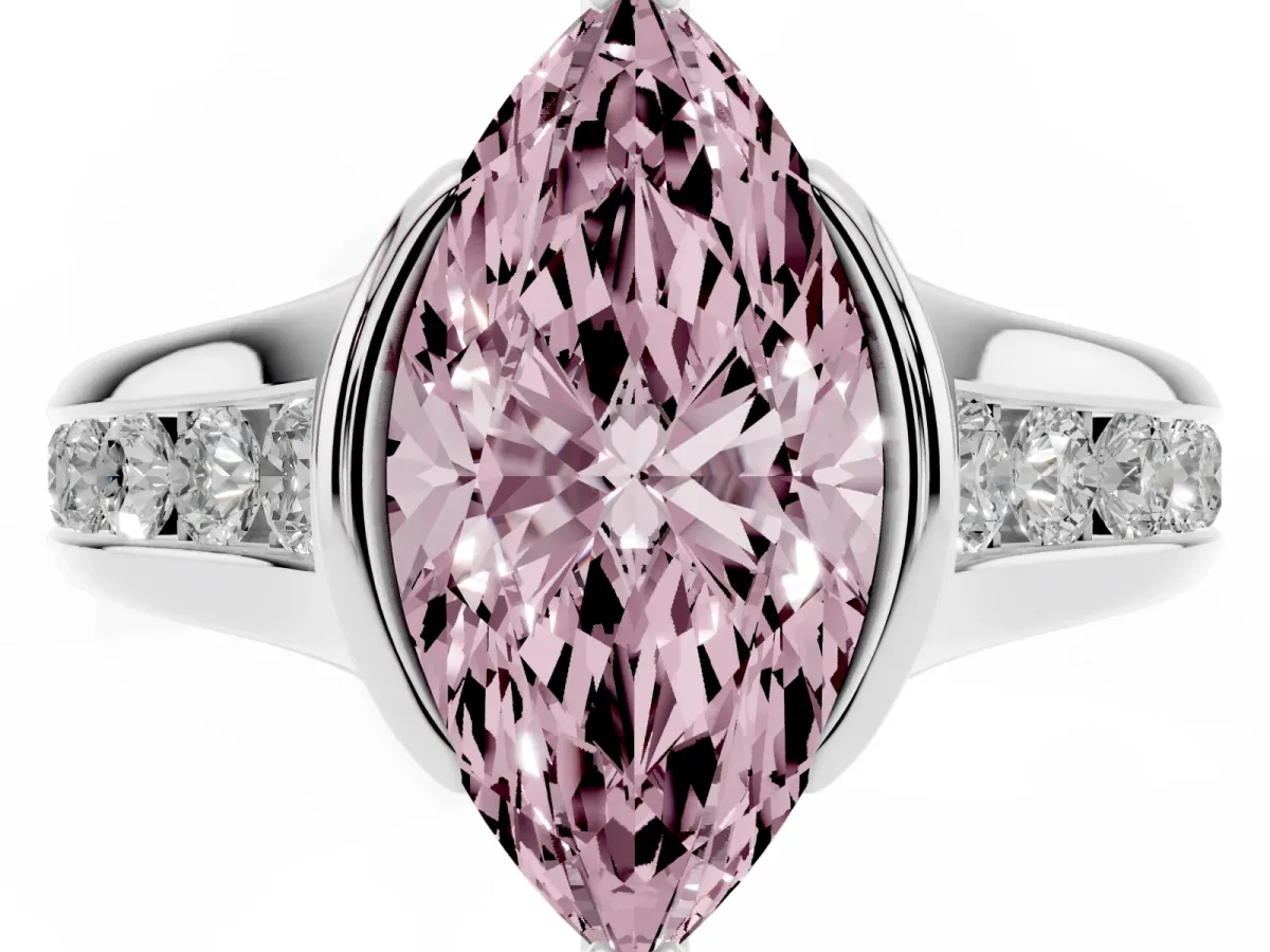 Fancy Pink Marquise Cut Solitaire Bezel-Set Diamond Ring with Channel-Set Band Silver