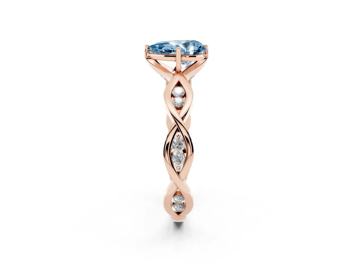 Fancy Blue Pear Cut Solitaire Twist Band with Leaf Prong Setting Rose gold