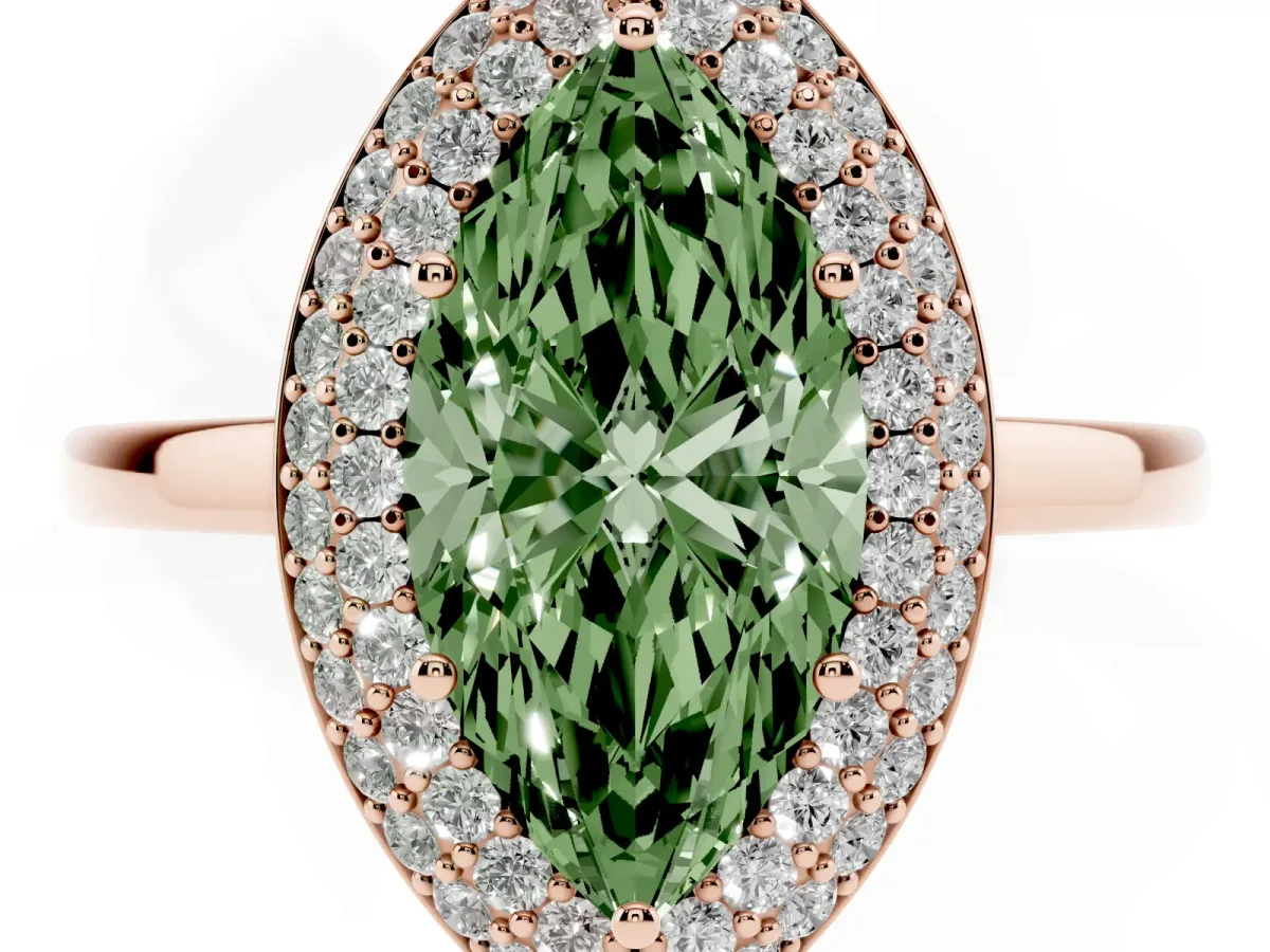 Fancy Green Marquise Cut Halo Diamond Engagement Ring with Solitaire Band and Four-Prong Setting Rose gold