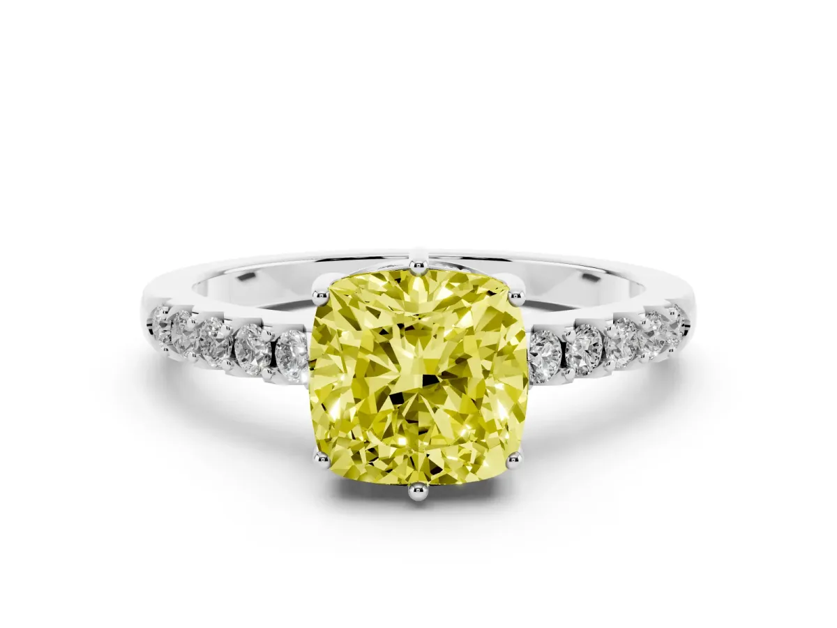 Fancy Yellow Cushion Cut Solitaire Diamond Engagement Ring with Pavé Band and Six-Prong Setting White gold