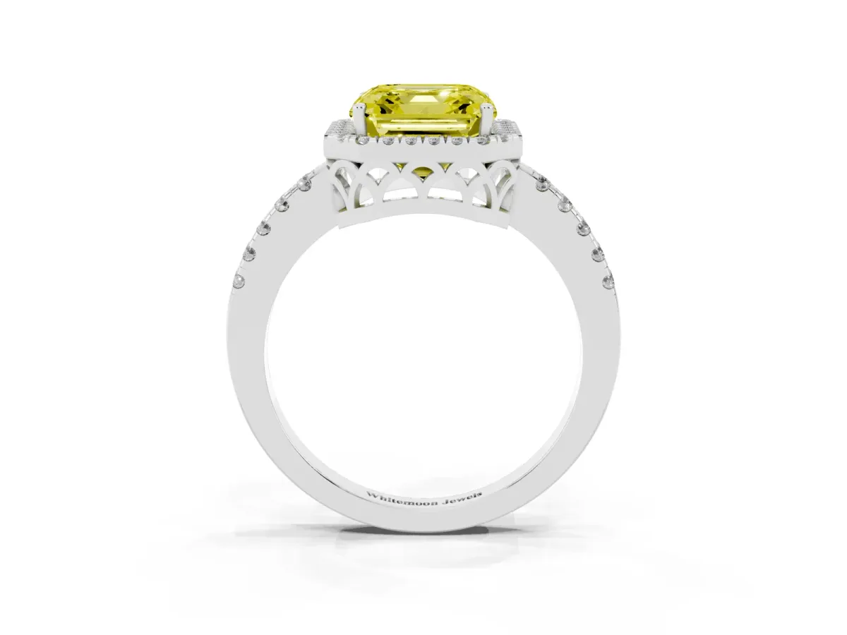 Fancy Yellow Asscher Cut Halo Diamond Engagement Ring with Pavé Band and Four-Prong Setting Platinum