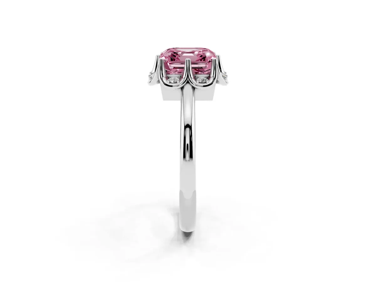 Fancy Pink Asscher Cut Halo Diamond Ring with Round Cluster Setting, Solitaire Band, and Four-Prong Setting Silver