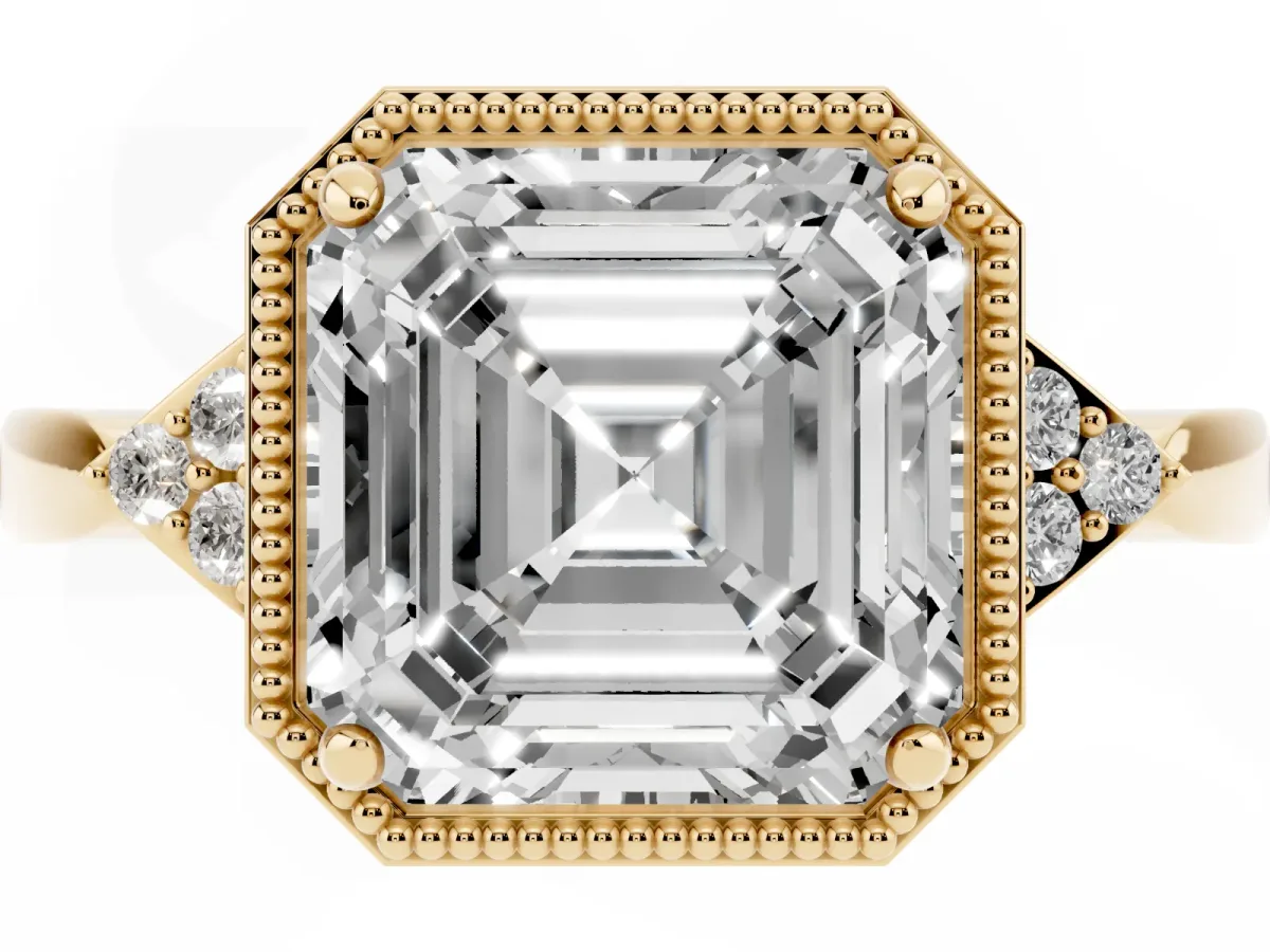 Asscher Cut Diamond Halo Ring with Tapered Band and Four-Prong Setting Yellow gold