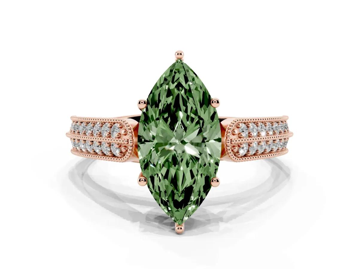 Fancy Green Marquise Cut Cut Pave Split Shank Engagement Ring with Four-Prong Setting Rose gold