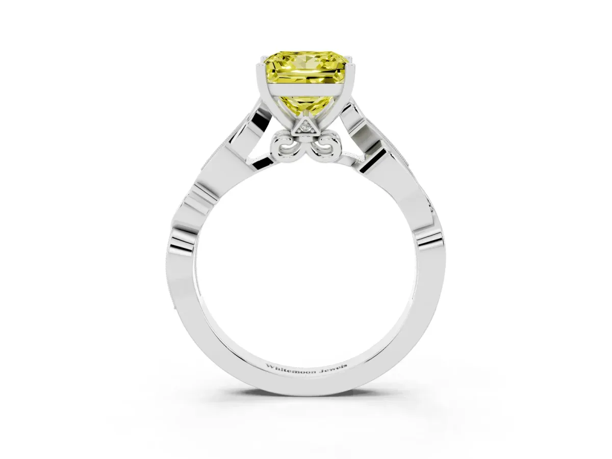 Fancy Yellow Princess Cut Solitaire Vine Band with Milgrain Prong Setting Silver