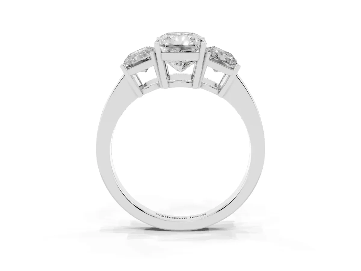 Three-Stone Radiant Cut Cut Diamond Engagement Ring with Flat Band and Four-Prong Setting Silver