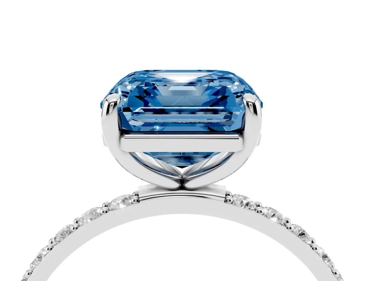 Fancy Blue Asscher Cut Diamond Solitaire Ring with Round Pavé Band and Prong Setting Silver
