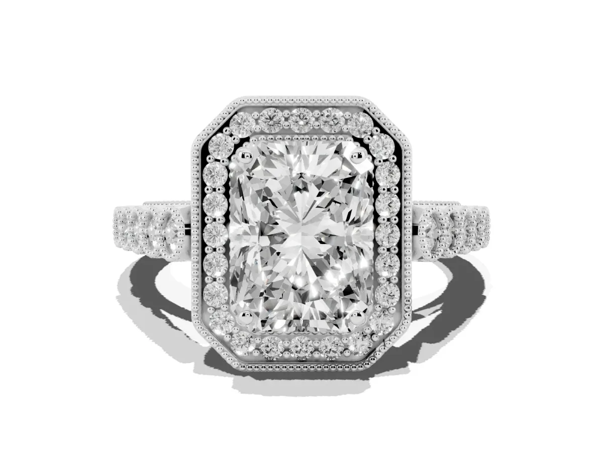 Radiant Cut Halo Milgrain Solitaire with Bezel Set Side Stones and Pave Band Platinum