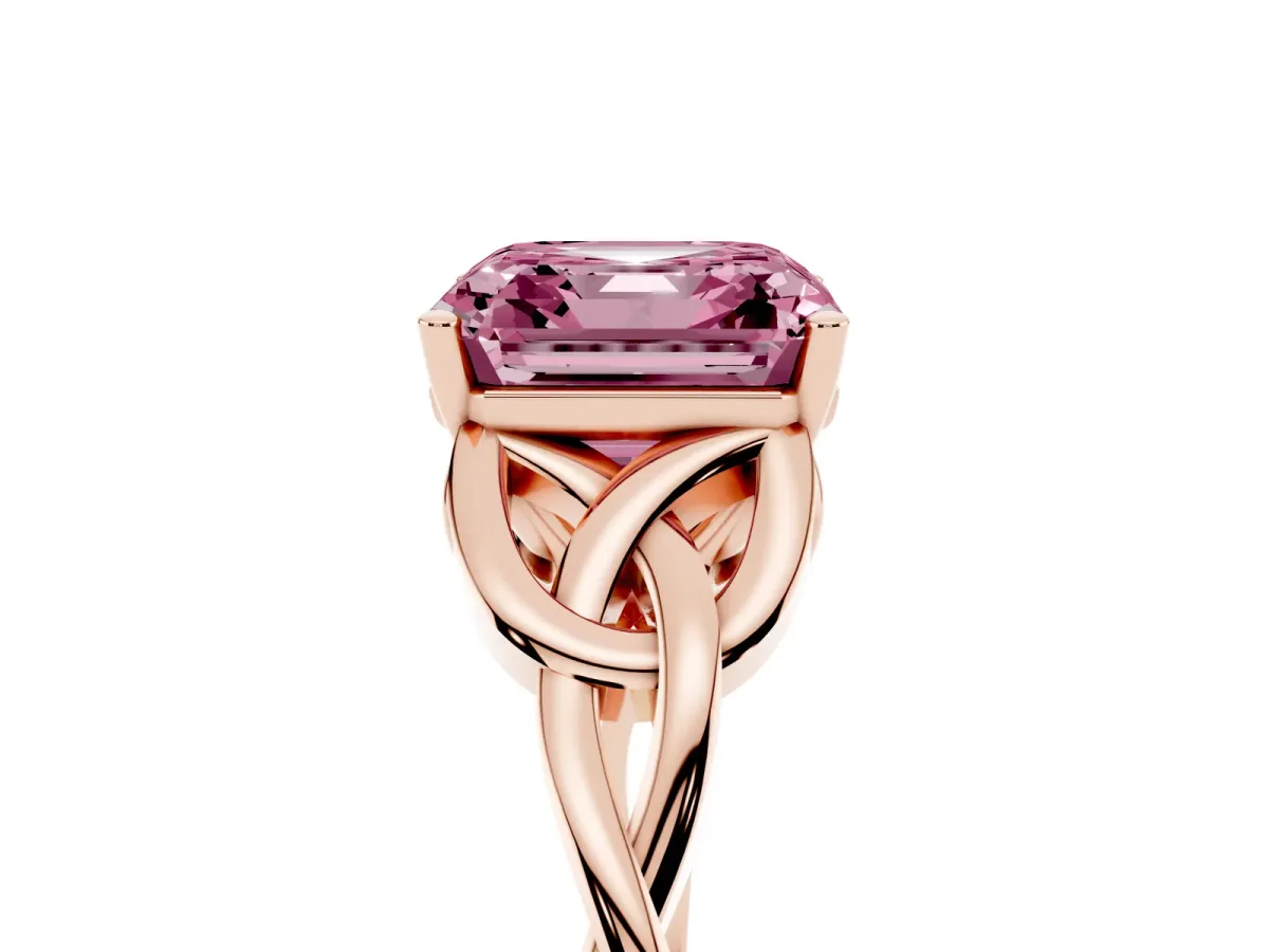 Fancy Pink Asscher Cut Diamond Solitaire Engagement Ring with Celtic Knot Band and Four-Prong Setting Rose gold