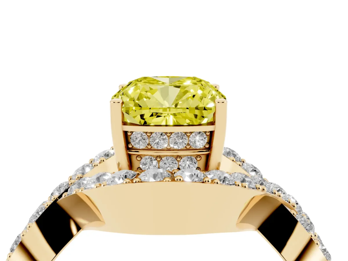 Fancy Yellow Cushion Cut Solitaire Twist Band Pavé Diamond Engagement Ring Yellow gold