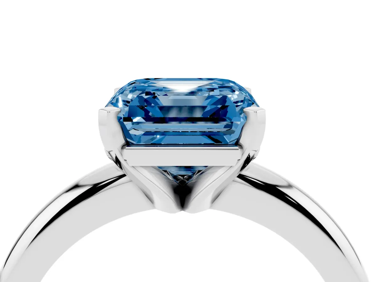 Fancy Blue Asscher Cut Diamond Solitaire Engagement Ring with Round Band and Four-Prong Setting Silver