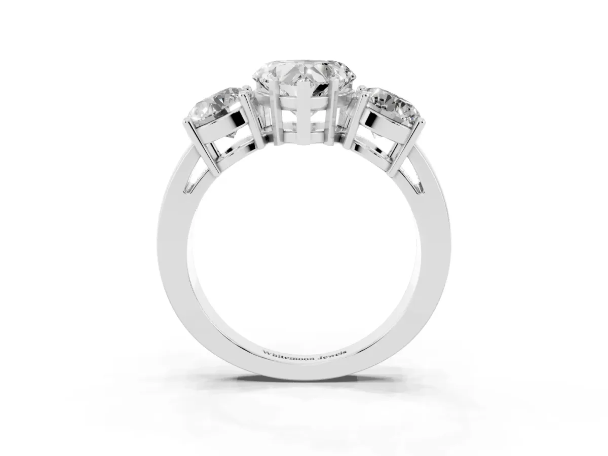 Three-Stone Heart Cut Diamond Ring with Round Side Stones, Classic Band, and Four-Prong Setting Silver