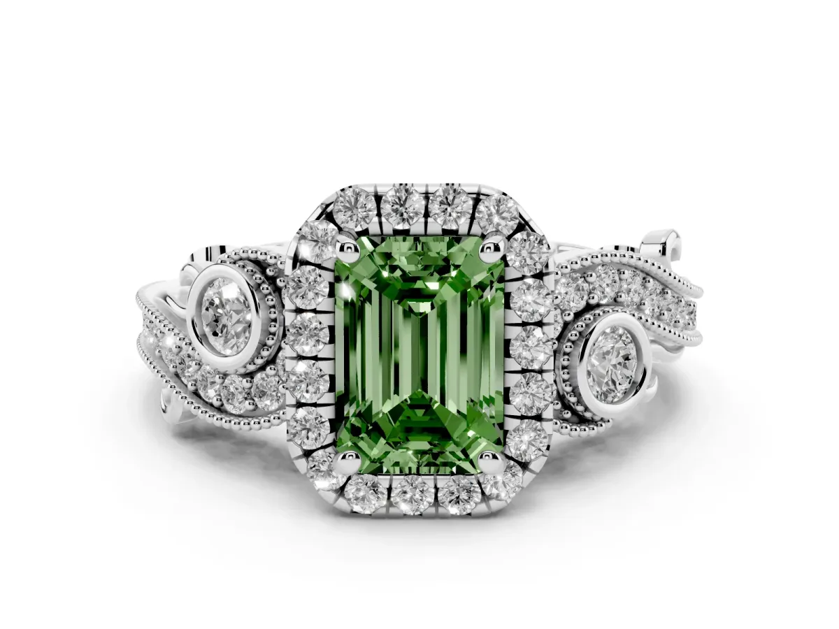 Fancy Green Emerald Cut Halo Diamond Ring with Milgrain and Bezel Accents on a Split Shank Band White gold