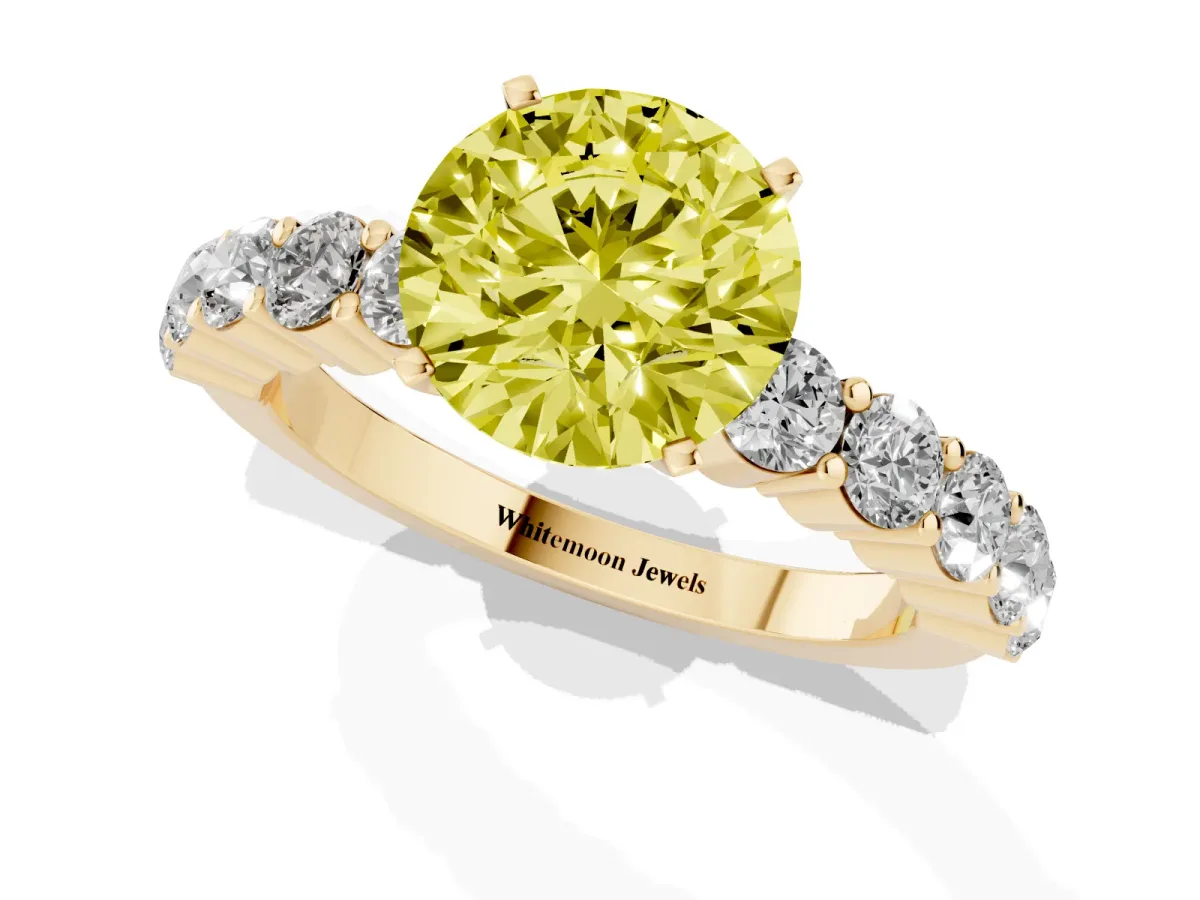 Fancy Yellow Round Cut Diamond Solitaire Ring with Shared Prong Round Side Stones Yellow gold
