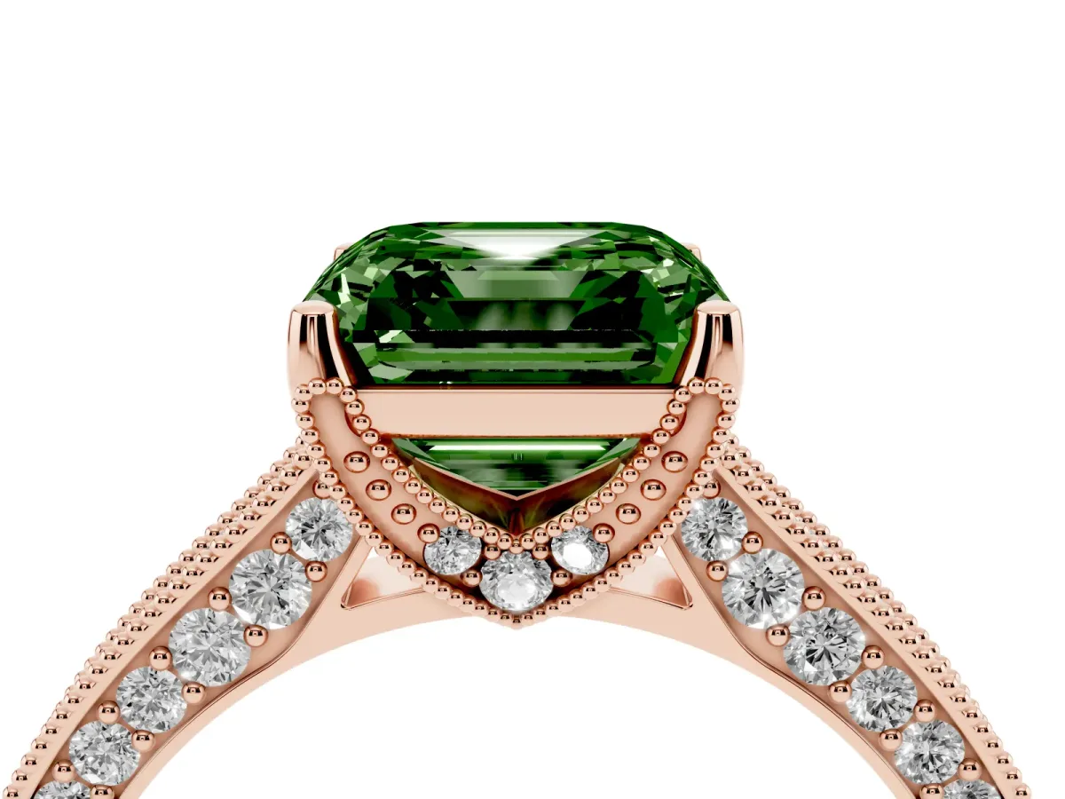 Fancy Green Asscher Cut Cut Diamond Solitaire Ring with Milgrain Pave Band and Four Prong Setting Rose gold