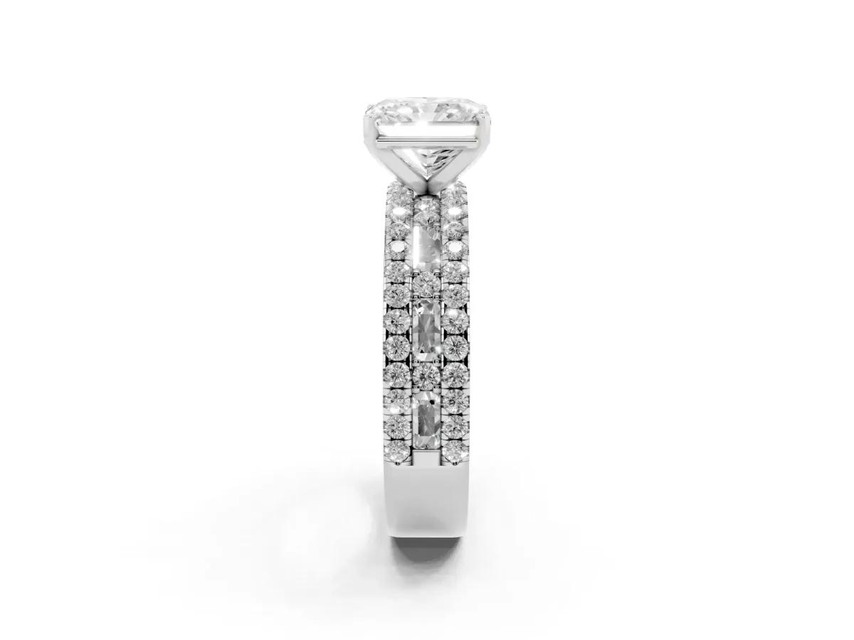 Radiant Cut Diamond Solitaire Ring with Pavé and Channel Set Band Silver
