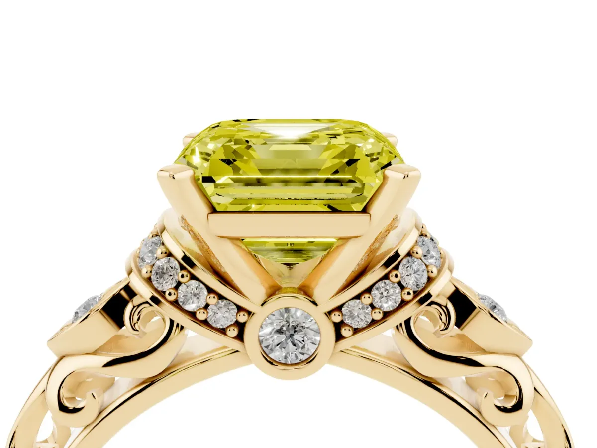 Fancy Yellow Asscher Cut Diamond Solitaire Ring with Filigree Band and Four-Prong Setting Yellow gold