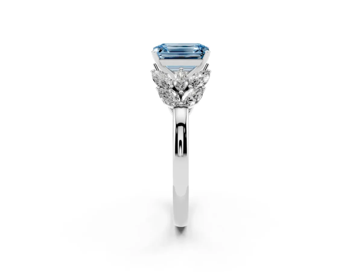 Fancy Blue Emerald Cut Diamond Cluster Leaf Design Ring with Prong Setting White gold
