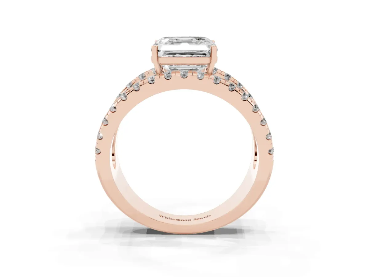 Asscher Cut Solitaire Split Shank Pave Diamond Ring Rose gold