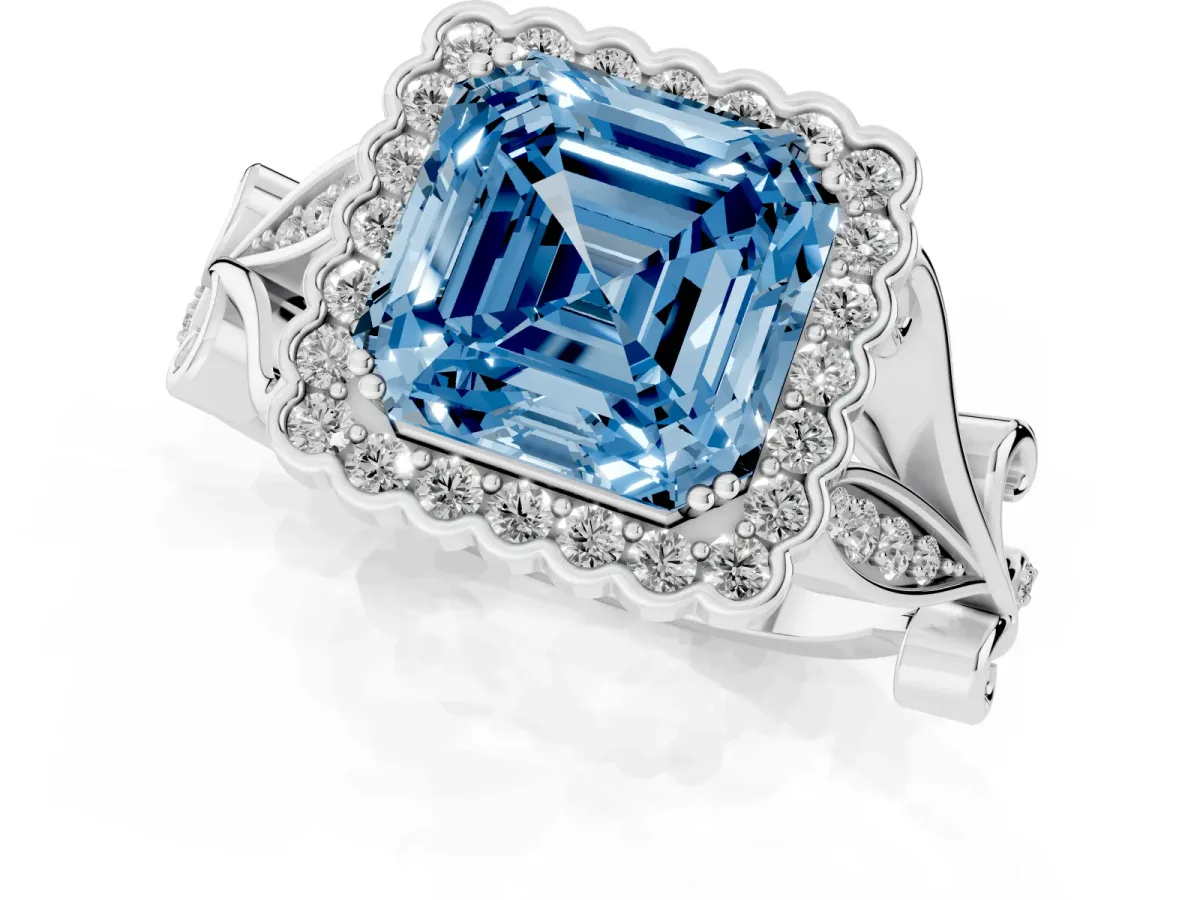 Fancy Blue Asscher Cut Diamond Halo Ring with Vintage Split Shank and Four-Prong Setting Silver