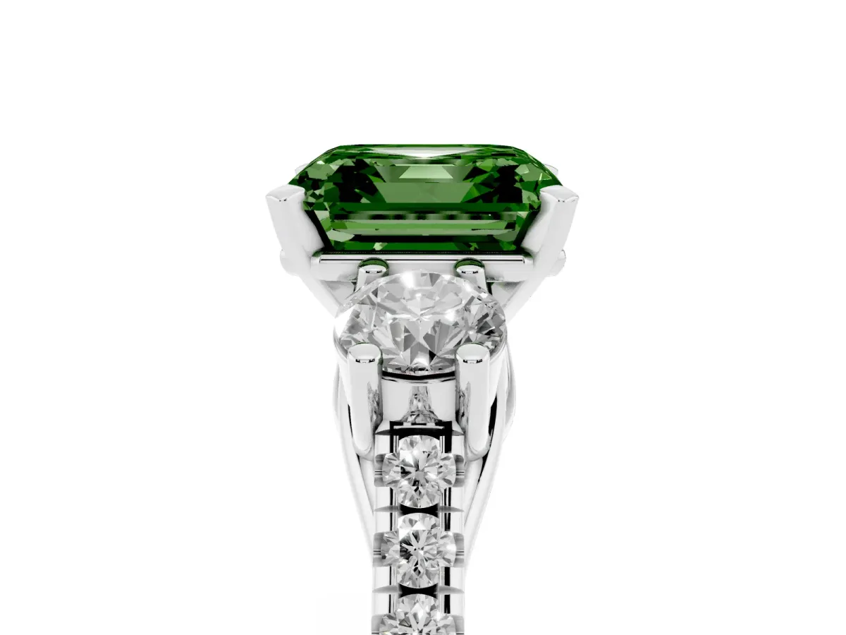 Fancy Green Three-Stone Asscher Cut Diamond Pavé Band with Four-Prong Setting Silver