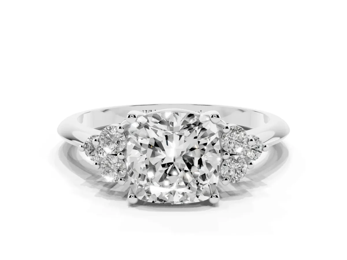 Cushion Cut Cut Diamond Cluster Ring with Solitaire Band and Four-Prong Setting Silver