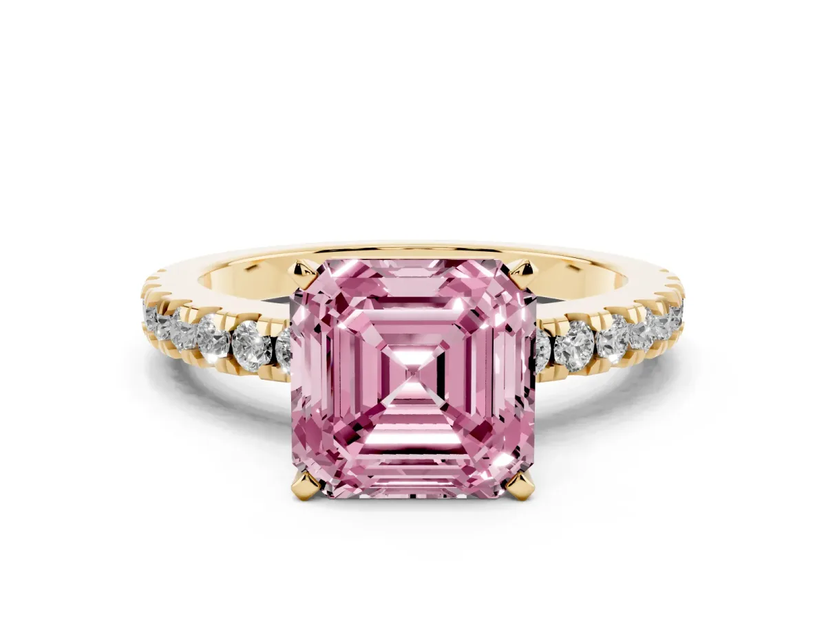 Fancy Pink Asscher Cut Solitaire Diamond with Pavé Band and Four-Prong Setting Yellow gold