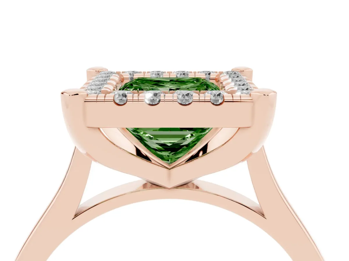Fancy Green Princess Cut Diamond Cluster Halo Solitaire with Four-Prong Setting Rose gold