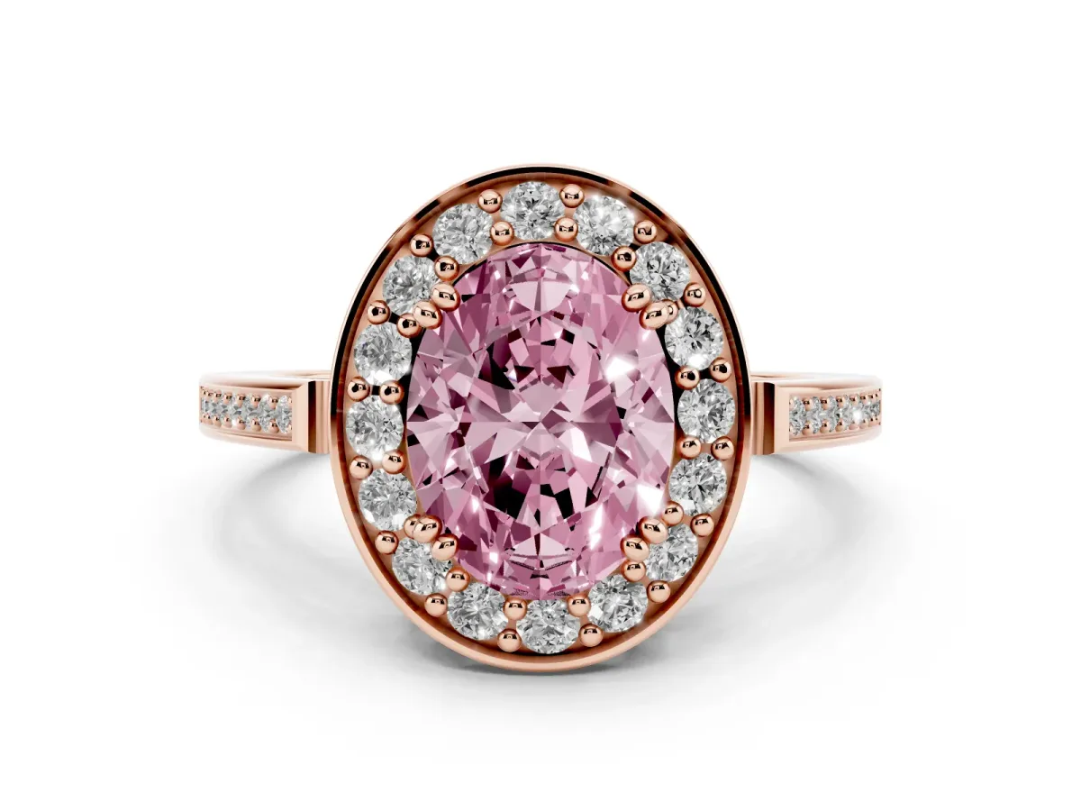 Fancy Pink Oval Cut Diamond Halo Ring with Split Shank and Four-Prong Setting Rose gold
