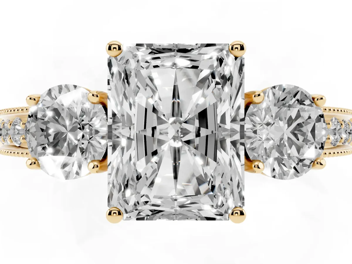 Radiant Cut Three-Stone Diamond Ring with Pavé Band and Four-Prong Setting Yellow gold