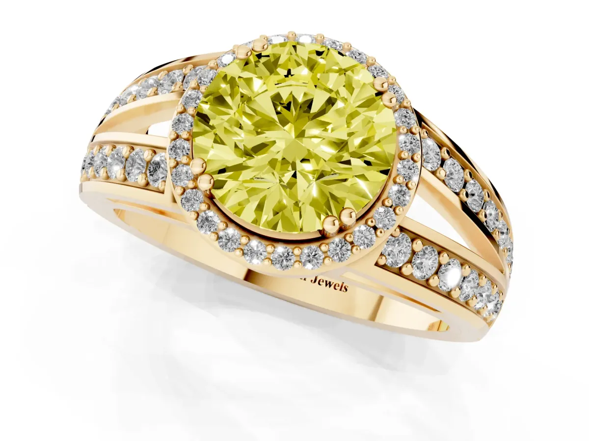 Fancy Yellow Round Cut Diamond Halo Ring with Split Shank Pavé Band and Four-Prong Setting Yellow gold