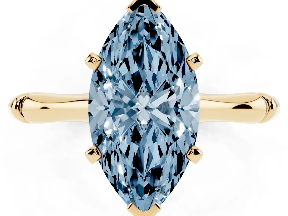 Fancy Blue Marquise Cut Solitaire Diamond Ring with Bamboo Band and Four-Prong Setting Yellow gold