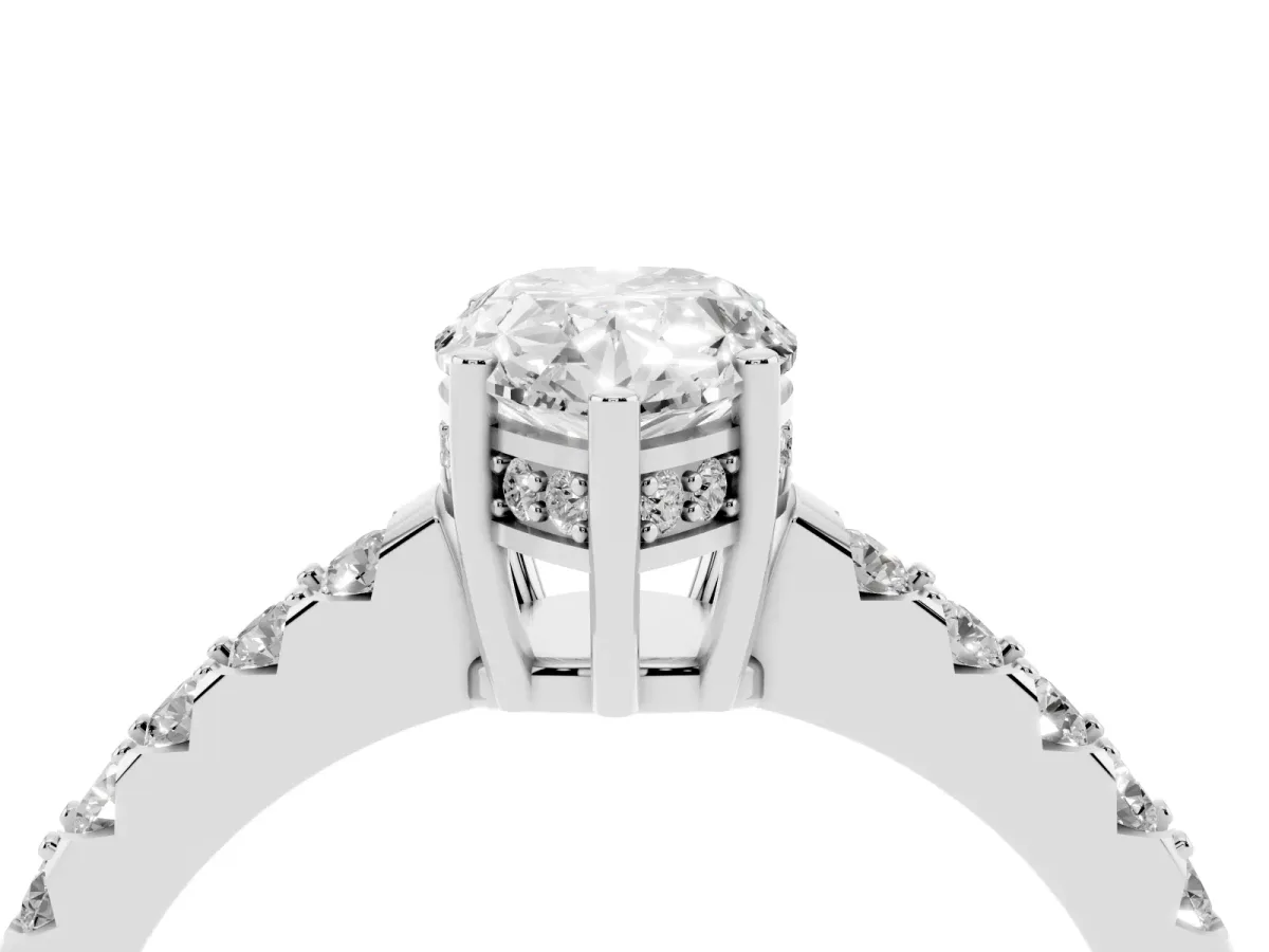 Pear Cut Solitaire Diamond Engagement Ring with Pavé Band and Six-Prong Setting Platinum
