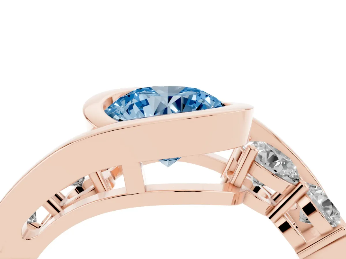 Fancy Blue Bezel Set Round Cut Diamond Bypass Ring with Round Accents Rose gold